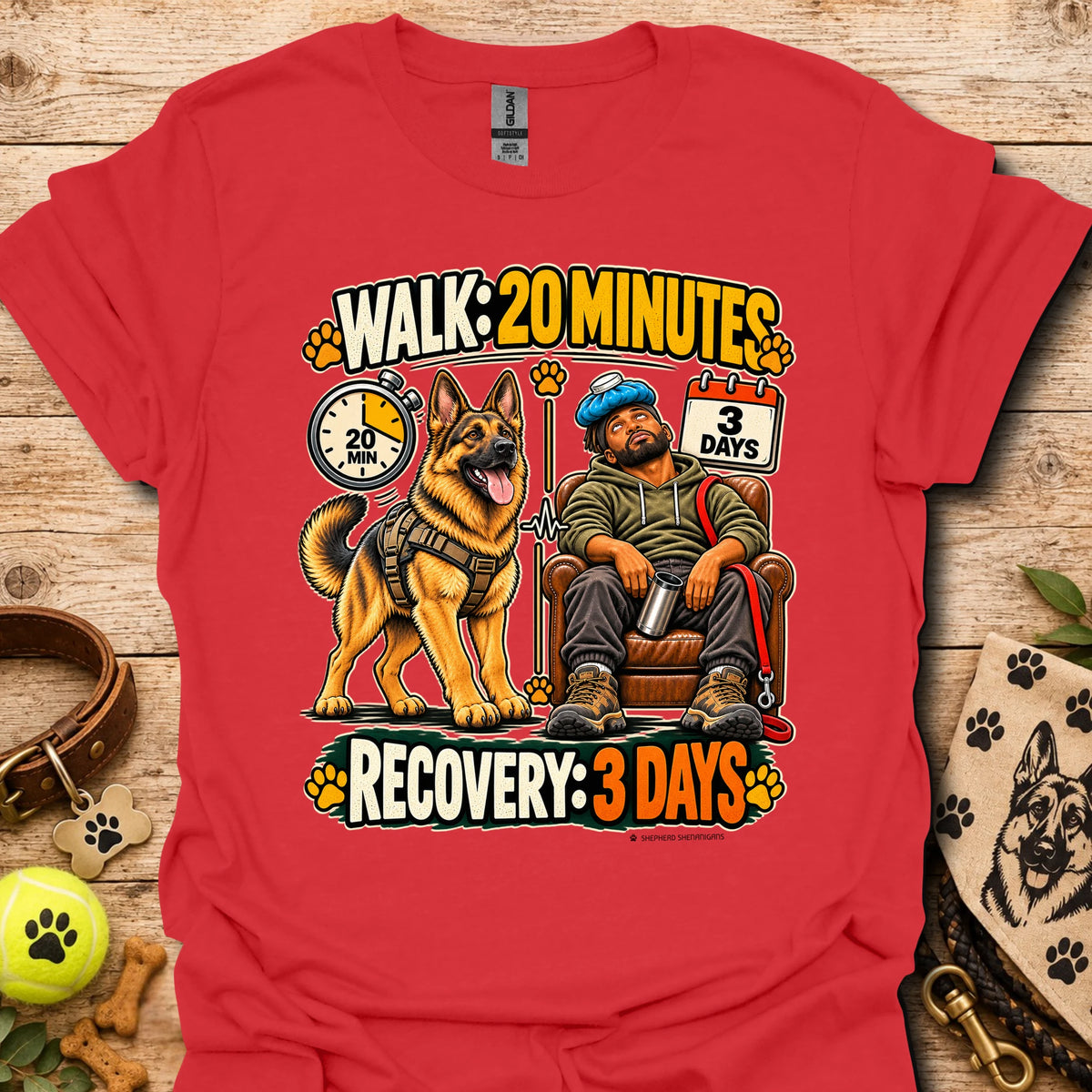 Red T-shirt with a dog-walking and three-day recovery graphic