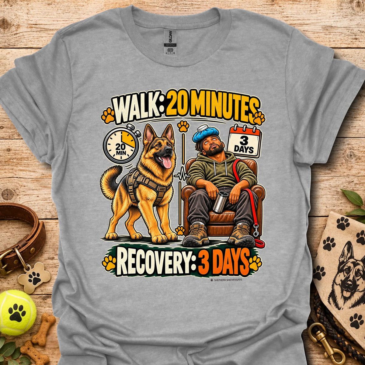 Sport gray T-shirt with a dog-walking and three-day recovery graphic