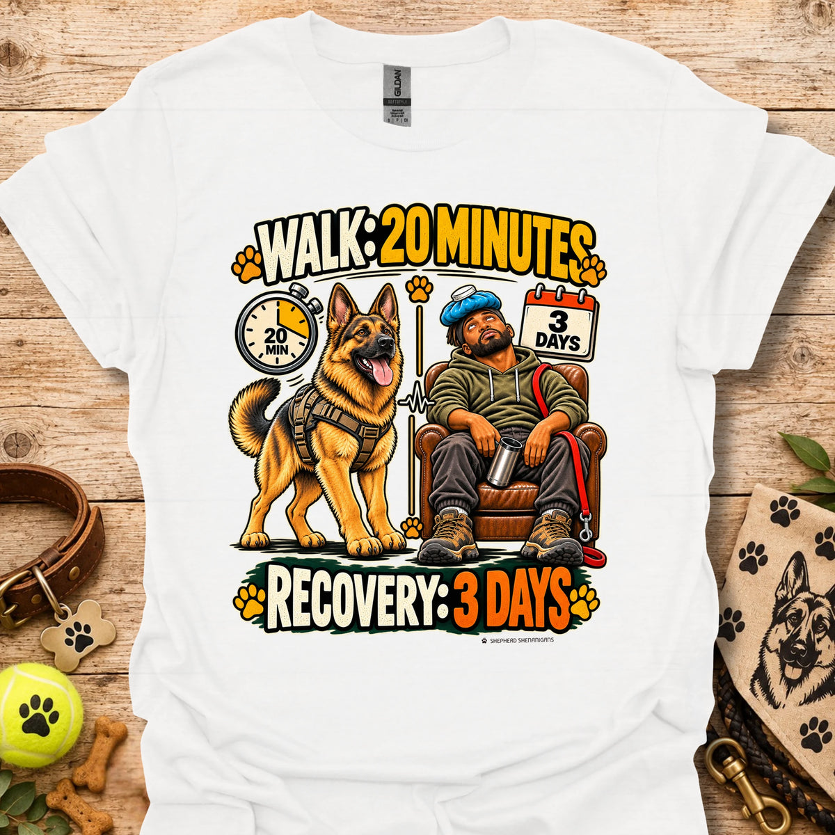 White T-shirt with a dog-walking and three-day recovery graphic