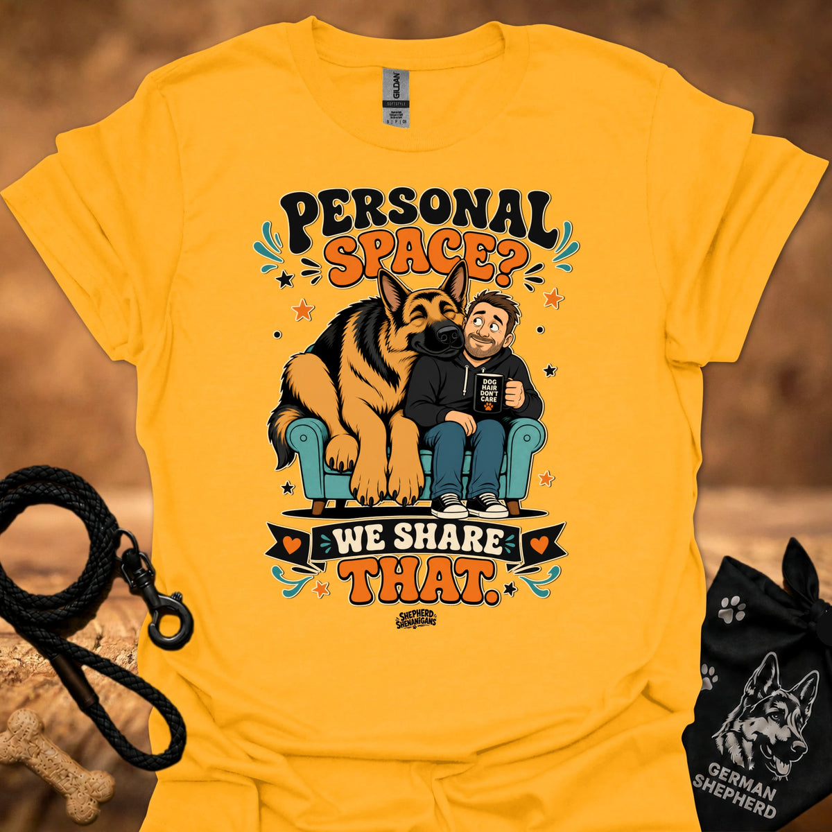 Gold crew-neck T-shirt with 'Personal Space' graphic of dog and boy
