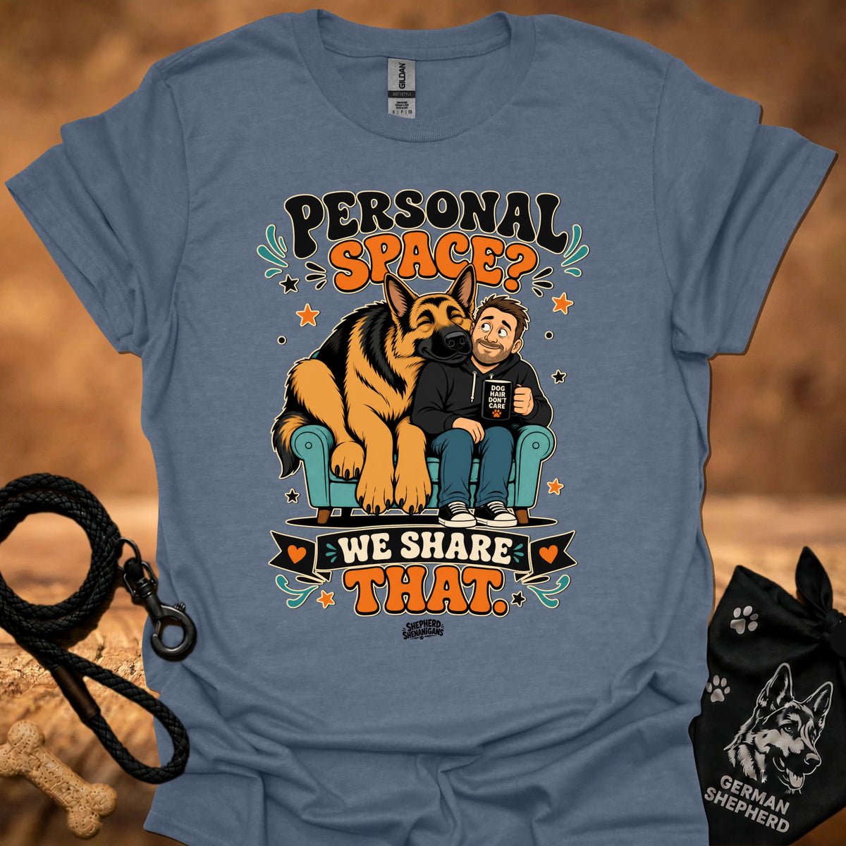 Heather indigo crew-neck T-shirt with 'Personal Space' graphic of dog and boy