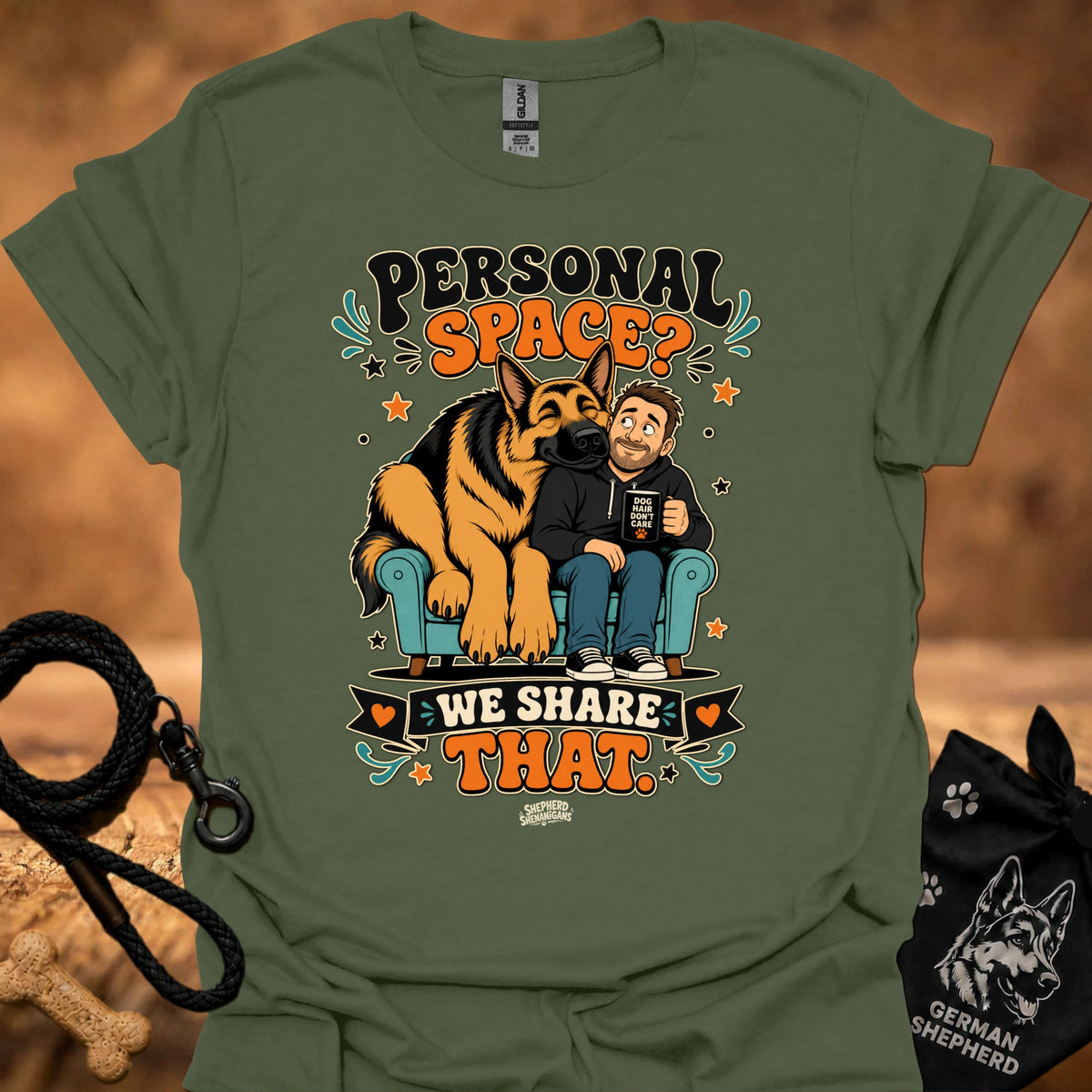Military green crew-neck T-shirt with 'Personal Space' graphic of dog and boy