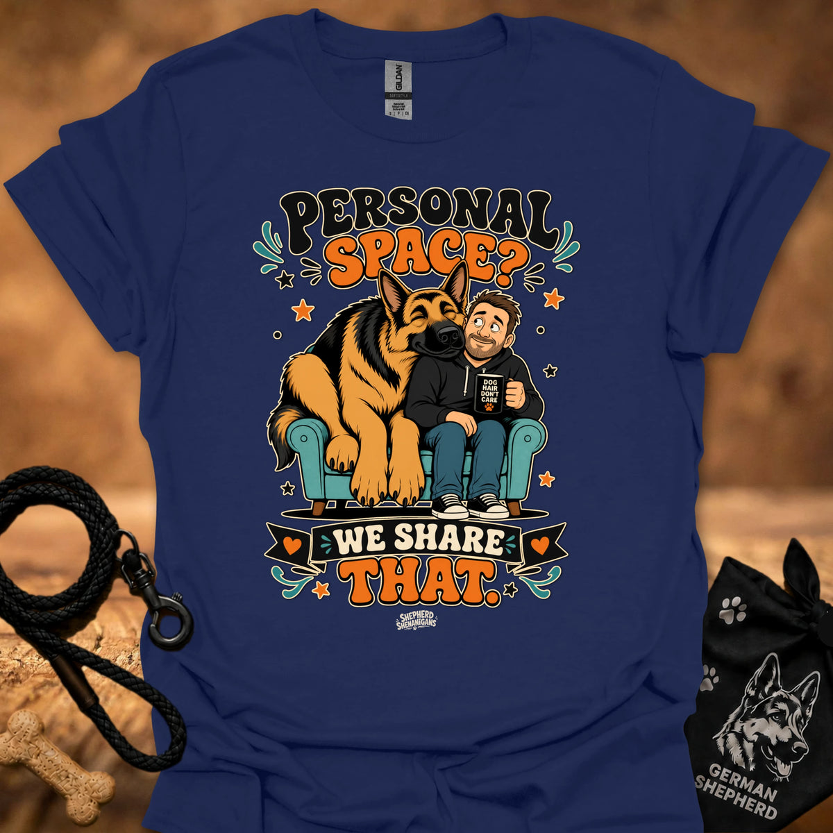 Royal blue crew-neck T-shirt with 'Personal Space' graphic of dog and boy