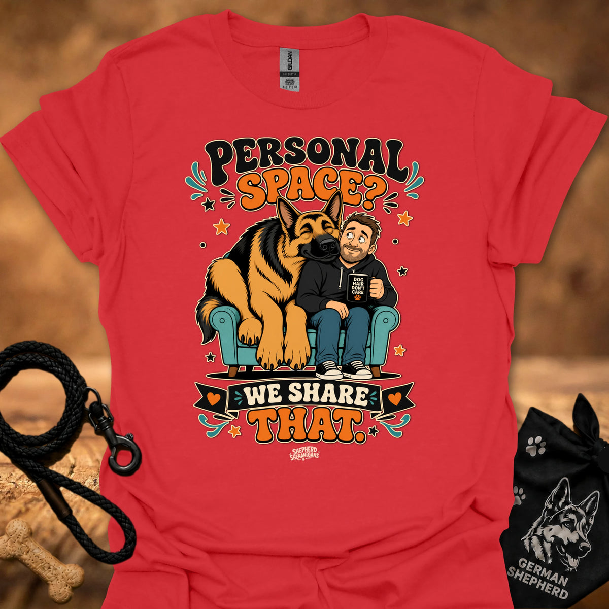 Red crew-neck T-shirt with 'Personal Space' graphic of dog and boy