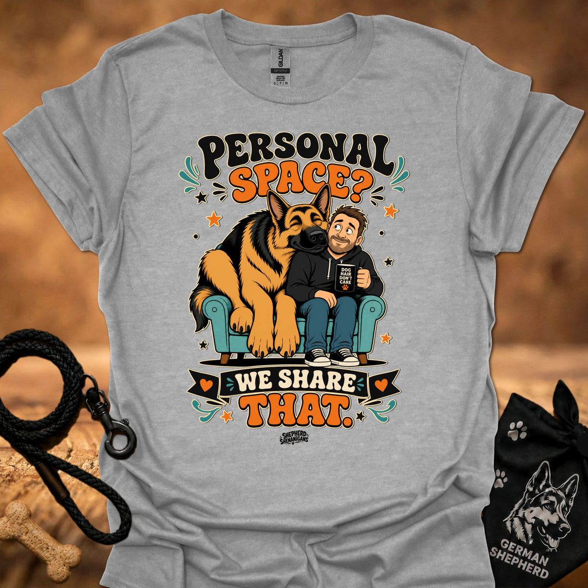 Sport grey crew-neck T-shirt with 'Personal Space' graphic of dog and boy