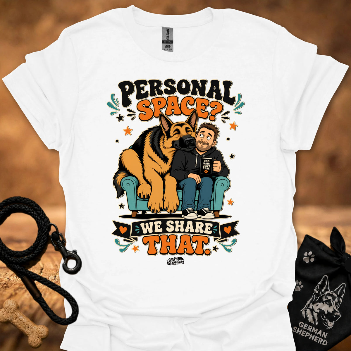 White crew-neck T-shirt with 'Personal Space' graphic of dog and boy