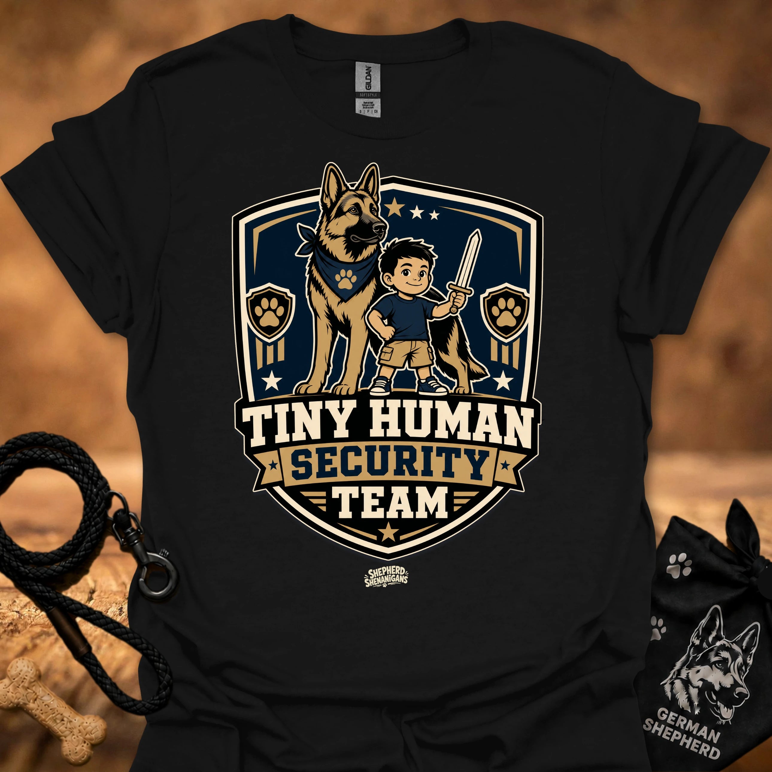 Black crew-neck T-shirt with boy and German shepherd security team badge