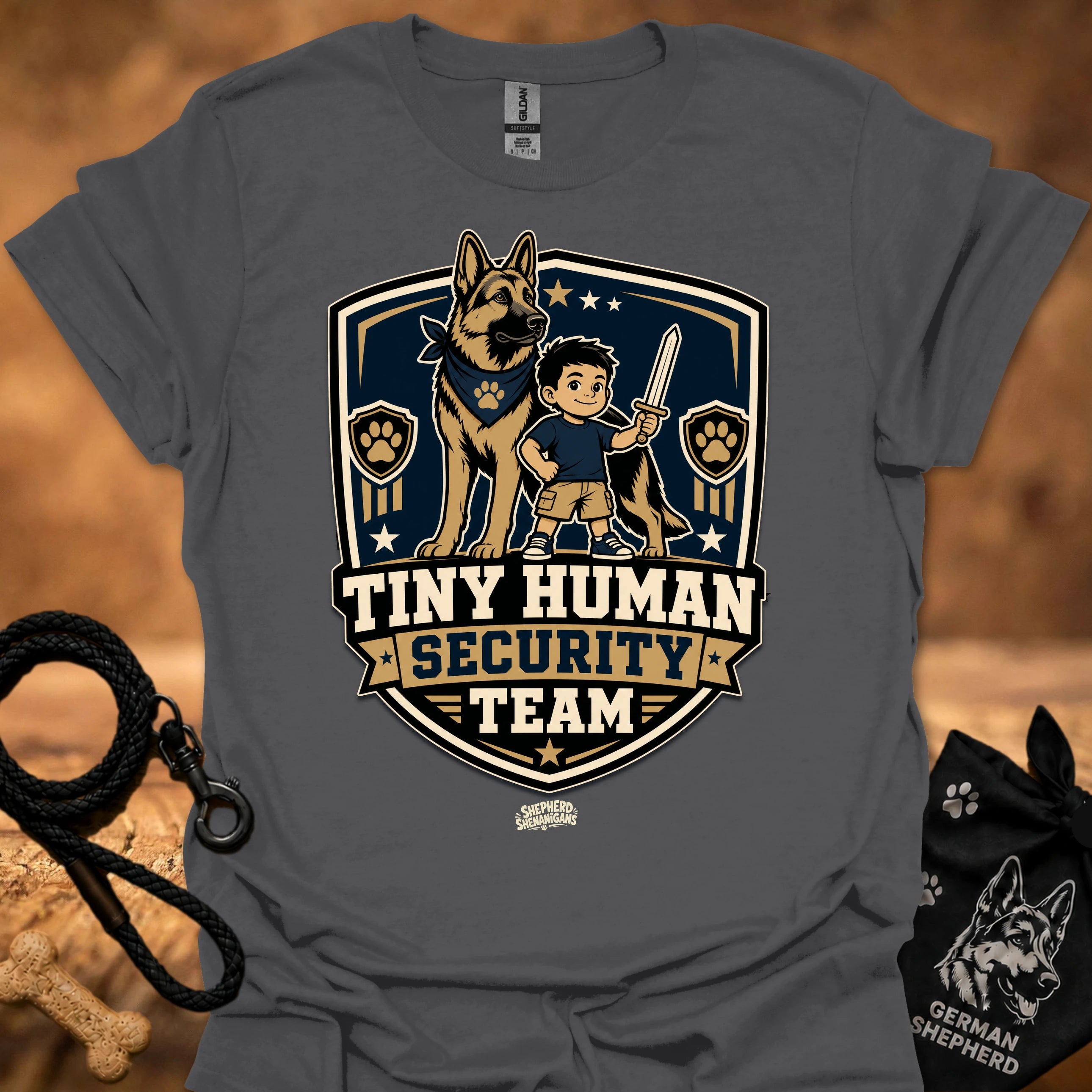 Charcoal crew-neck T-shirt with boy and German shepherd security team badge