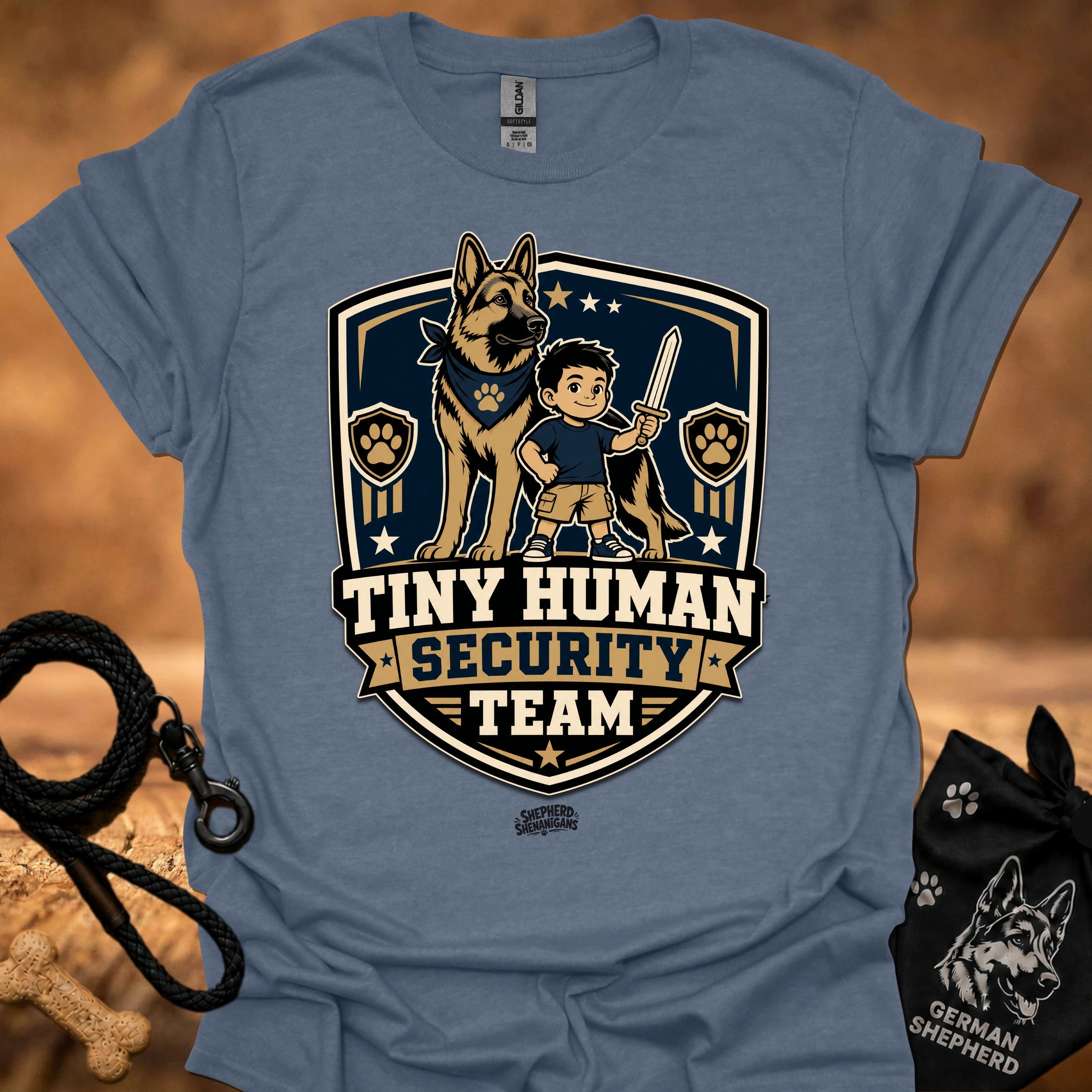Heather indigo crew-neck T-shirt with boy and German shepherd security team badge