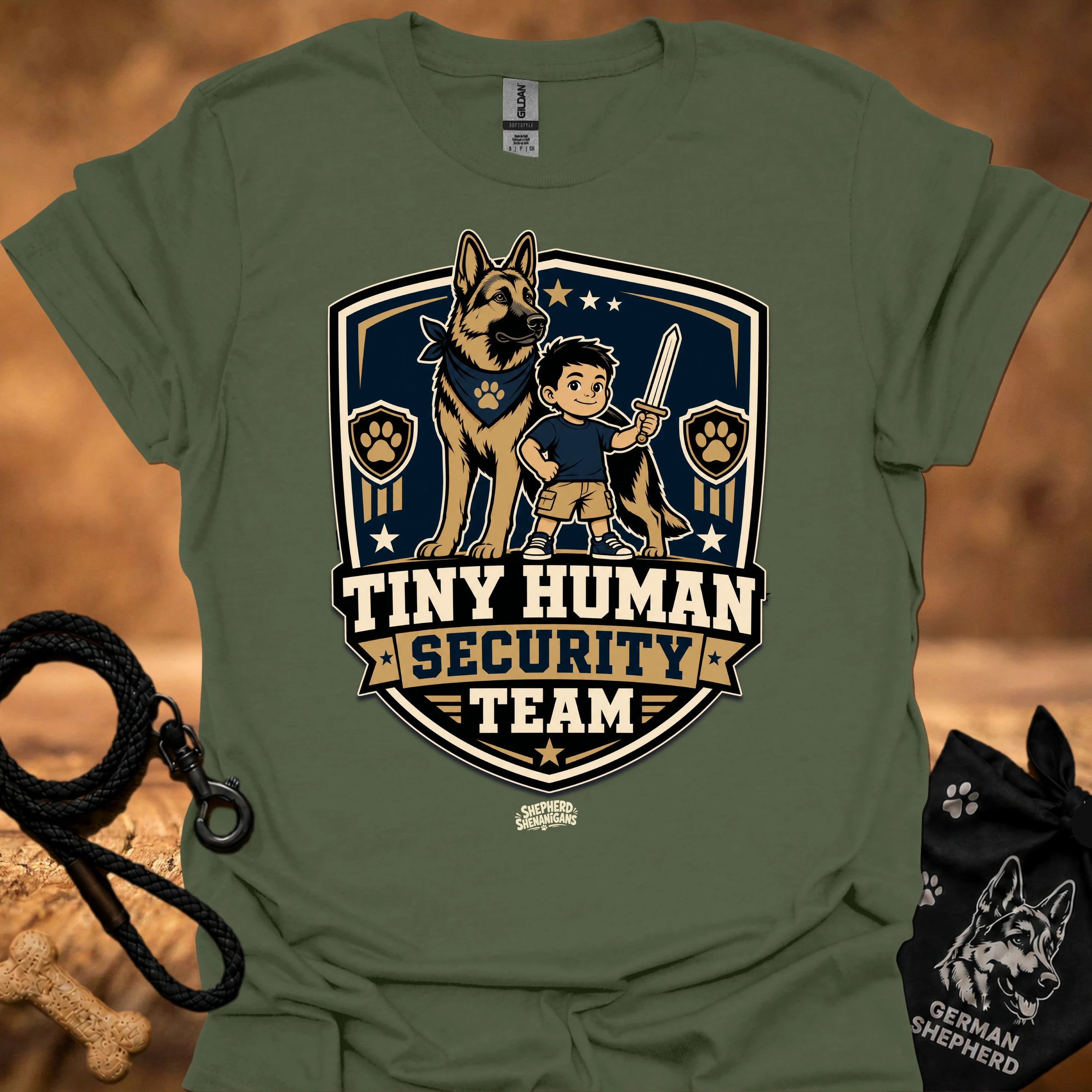 Military green crew-neck T-shirt with boy and German shepherd security team badge