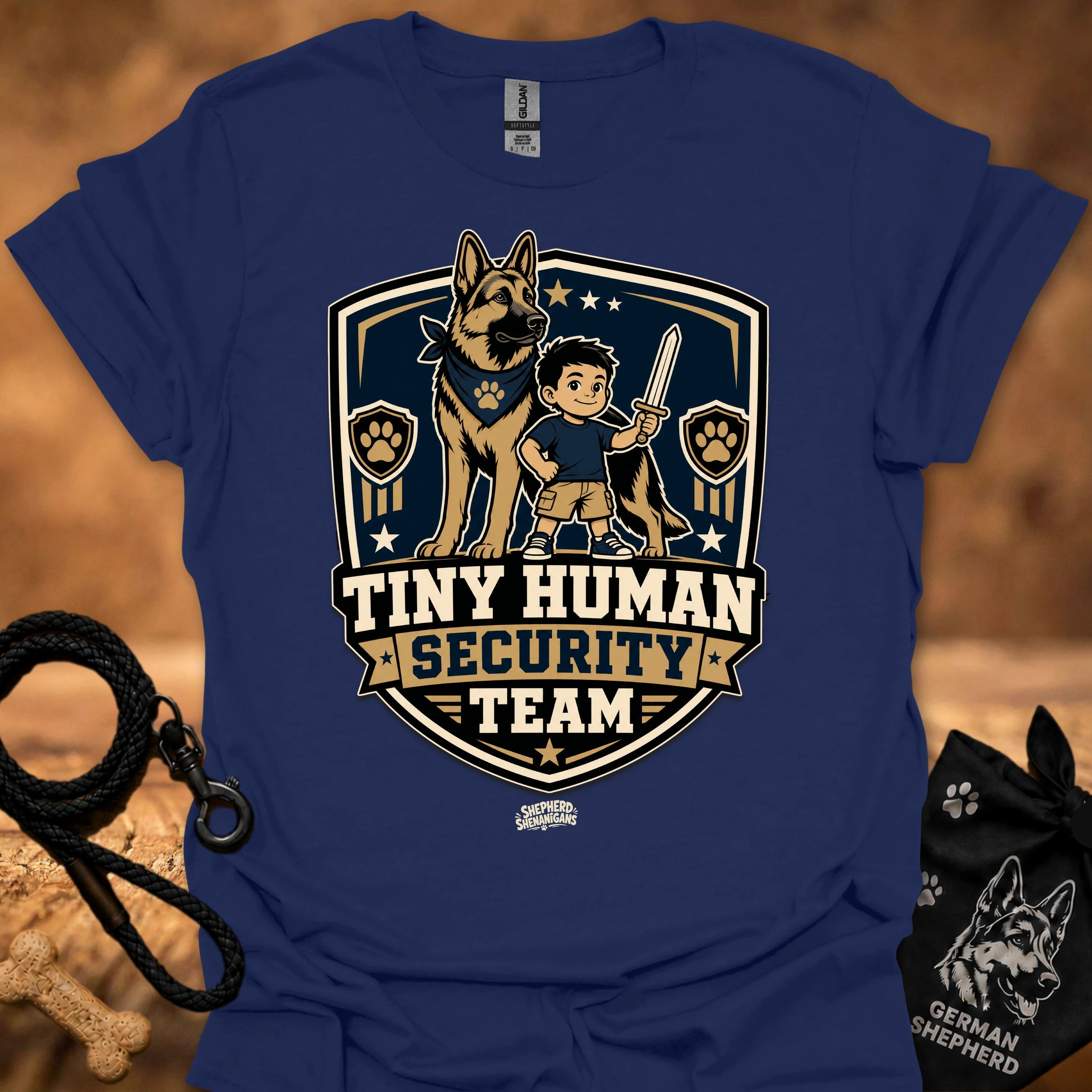 Navy crew-neck T-shirt with boy and German shepherd security team badge