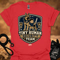 Red crew-neck T-shirt with boy and German shepherd security team badge
