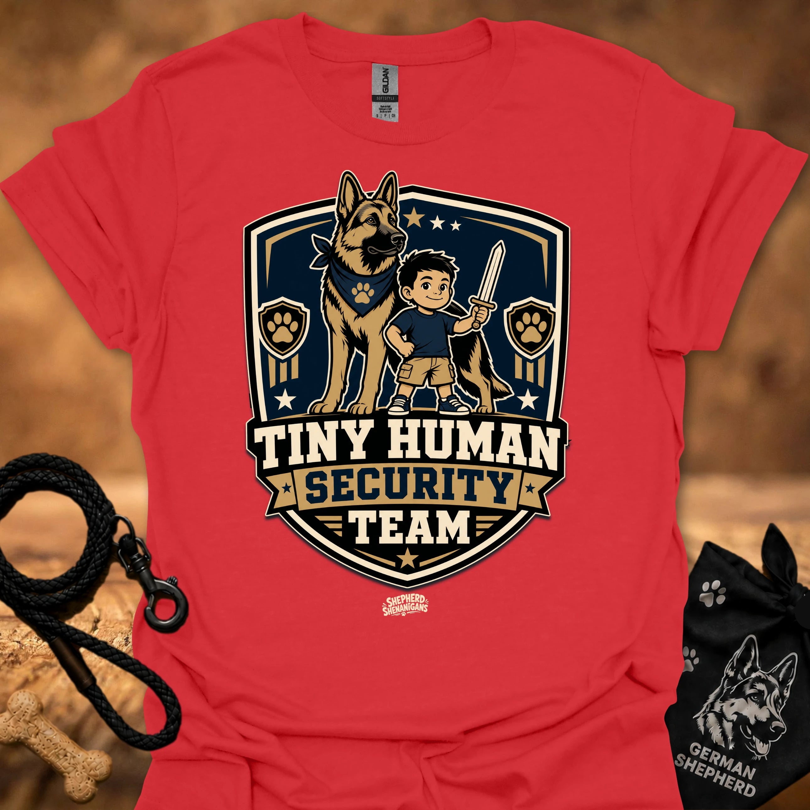 Red crew-neck T-shirt with boy and German shepherd security team badge