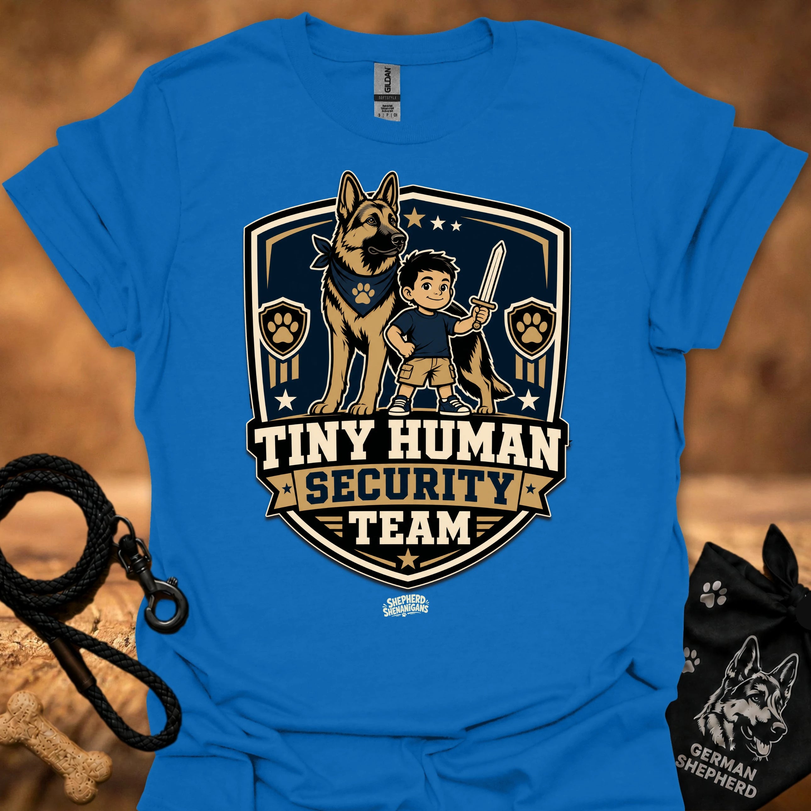 Royal blue crew-neck T-shirt with boy and German shepherd security team badge