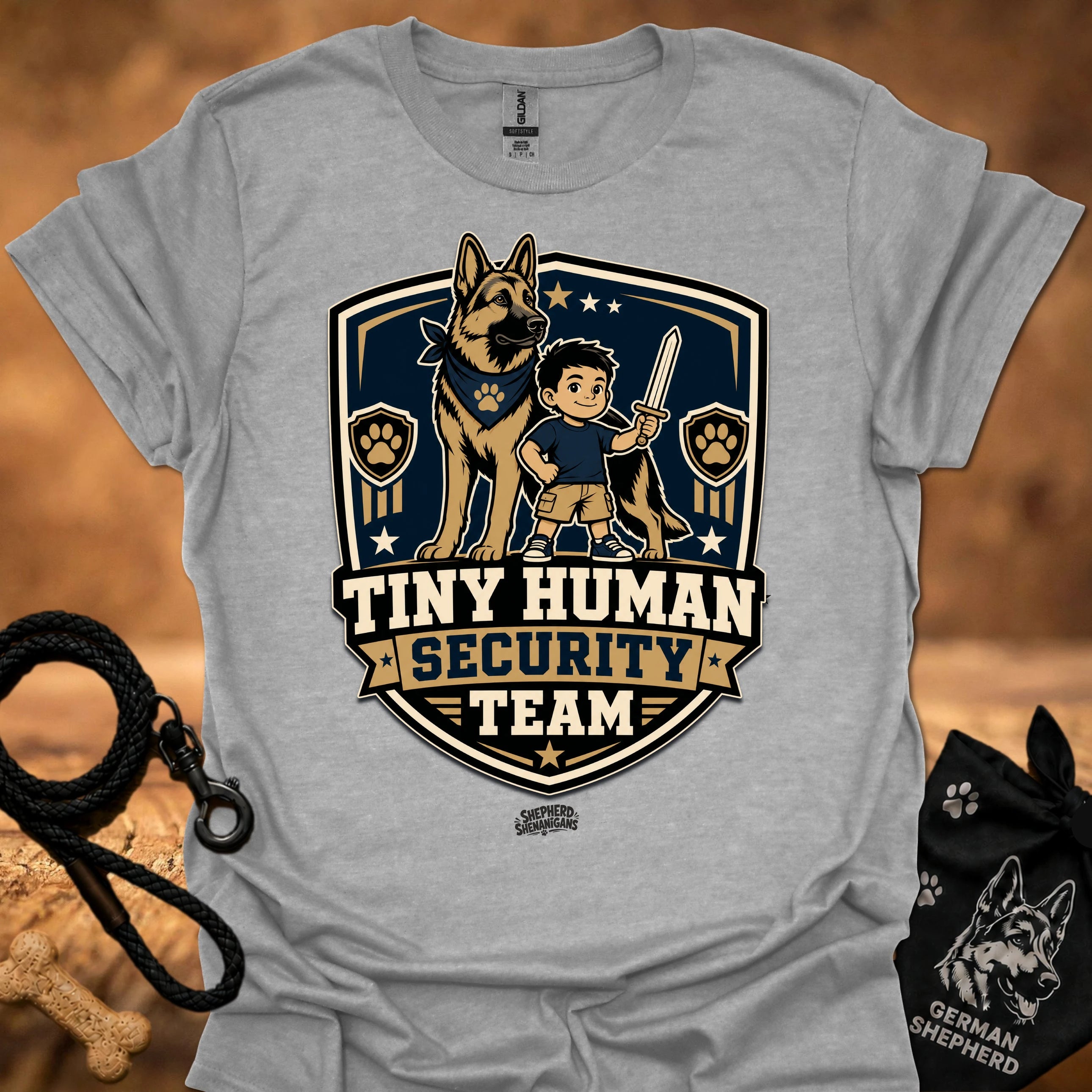 Sport grey crew-neck T-shirt with boy and German shepherd security team badge