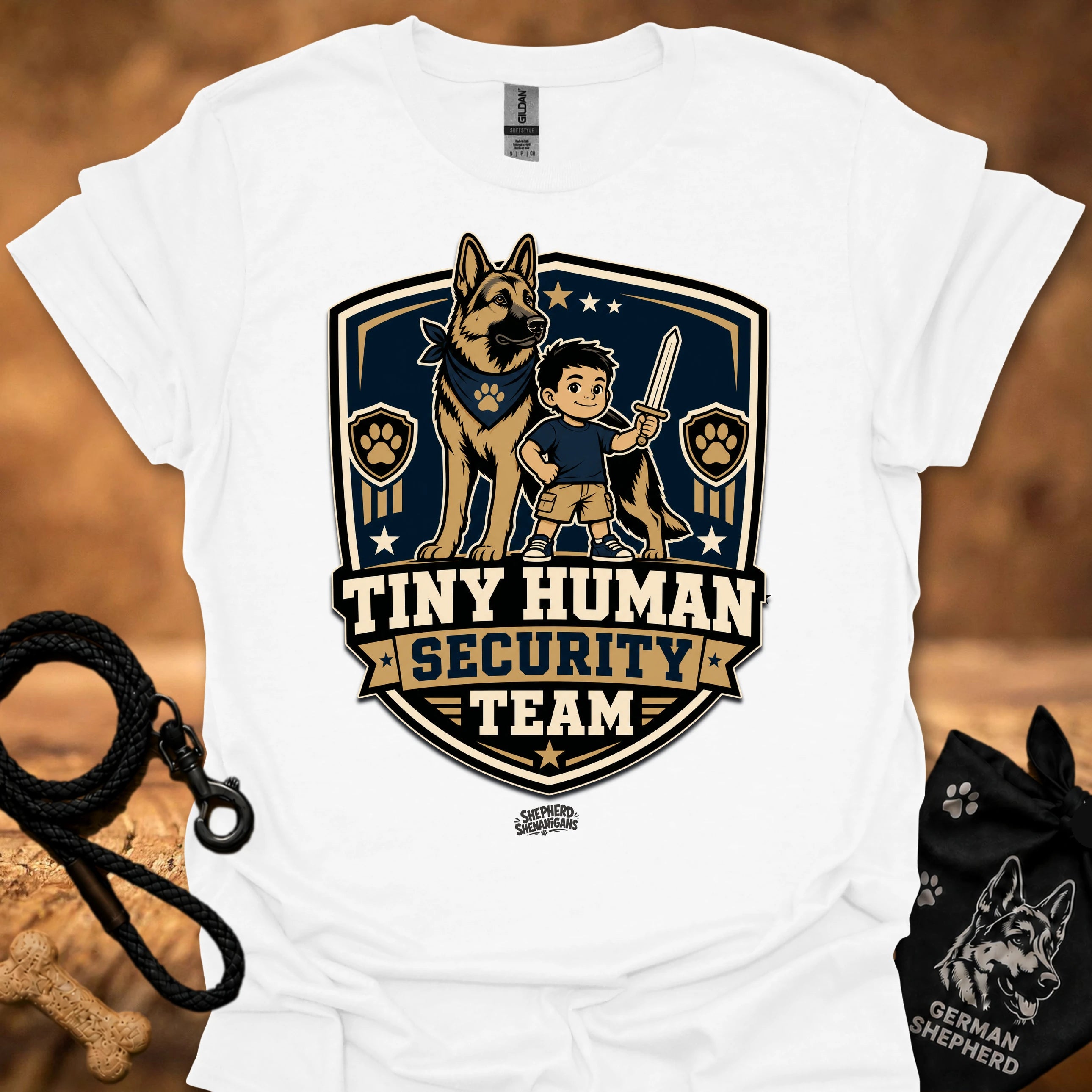 White crew-neck T-shirt with boy and German shepherd security team badge