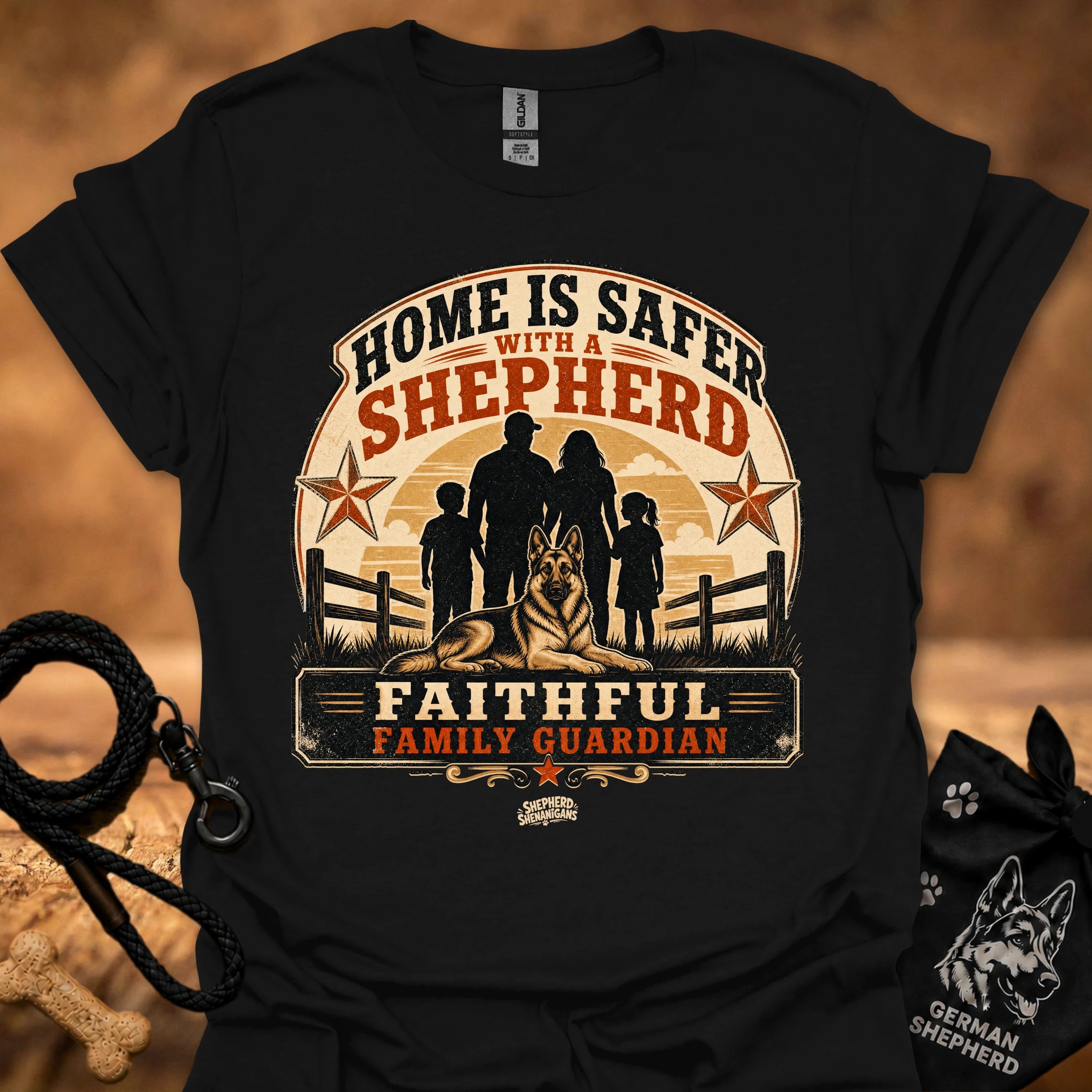 Black crew-neck T-shirt with "Home is safer with a shepherd" front graphic