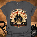 Charcoal crew-neck T-shirt with "Home is safer with a shepherd" front graphic