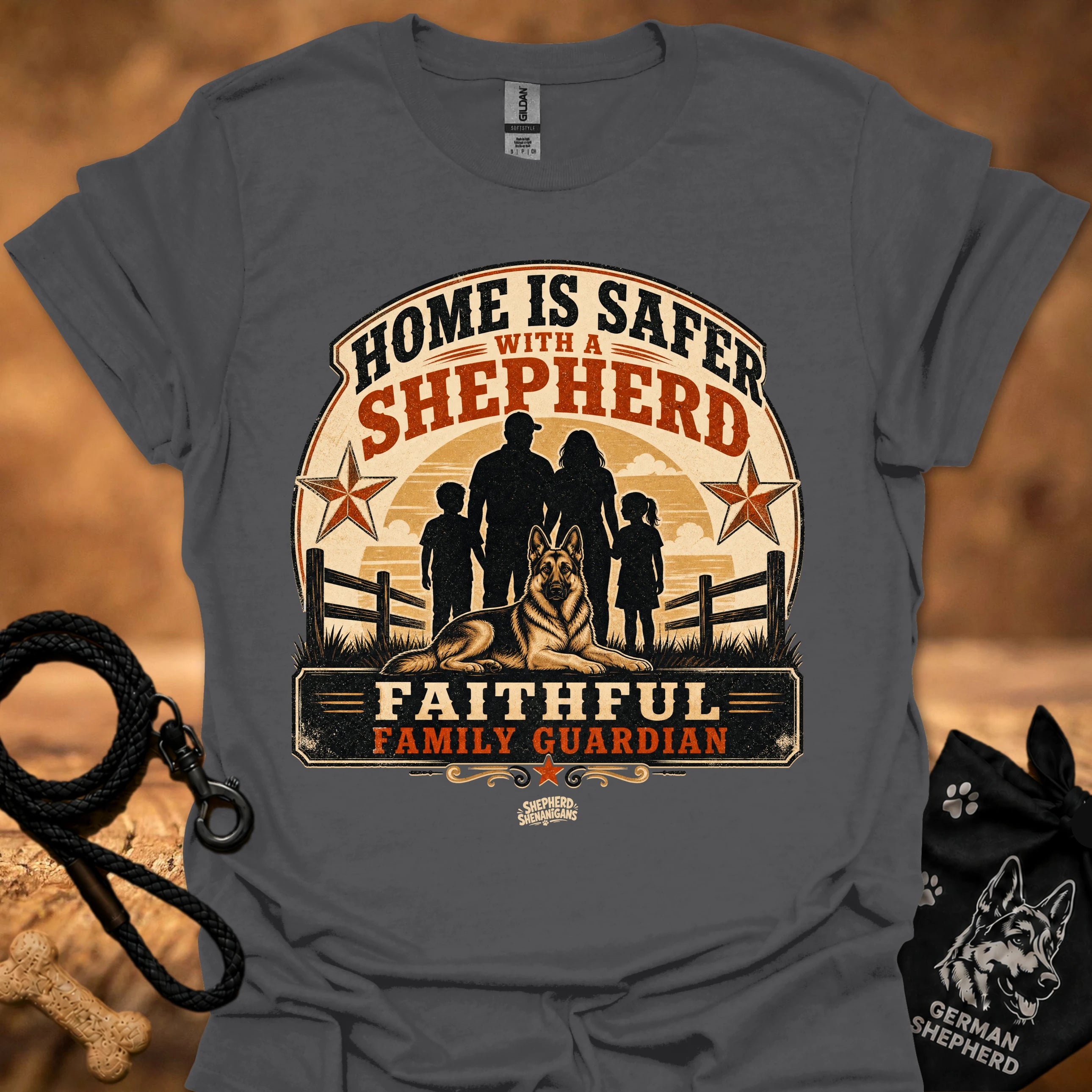 Charcoal crew-neck T-shirt with "Home is safer with a shepherd" front graphic