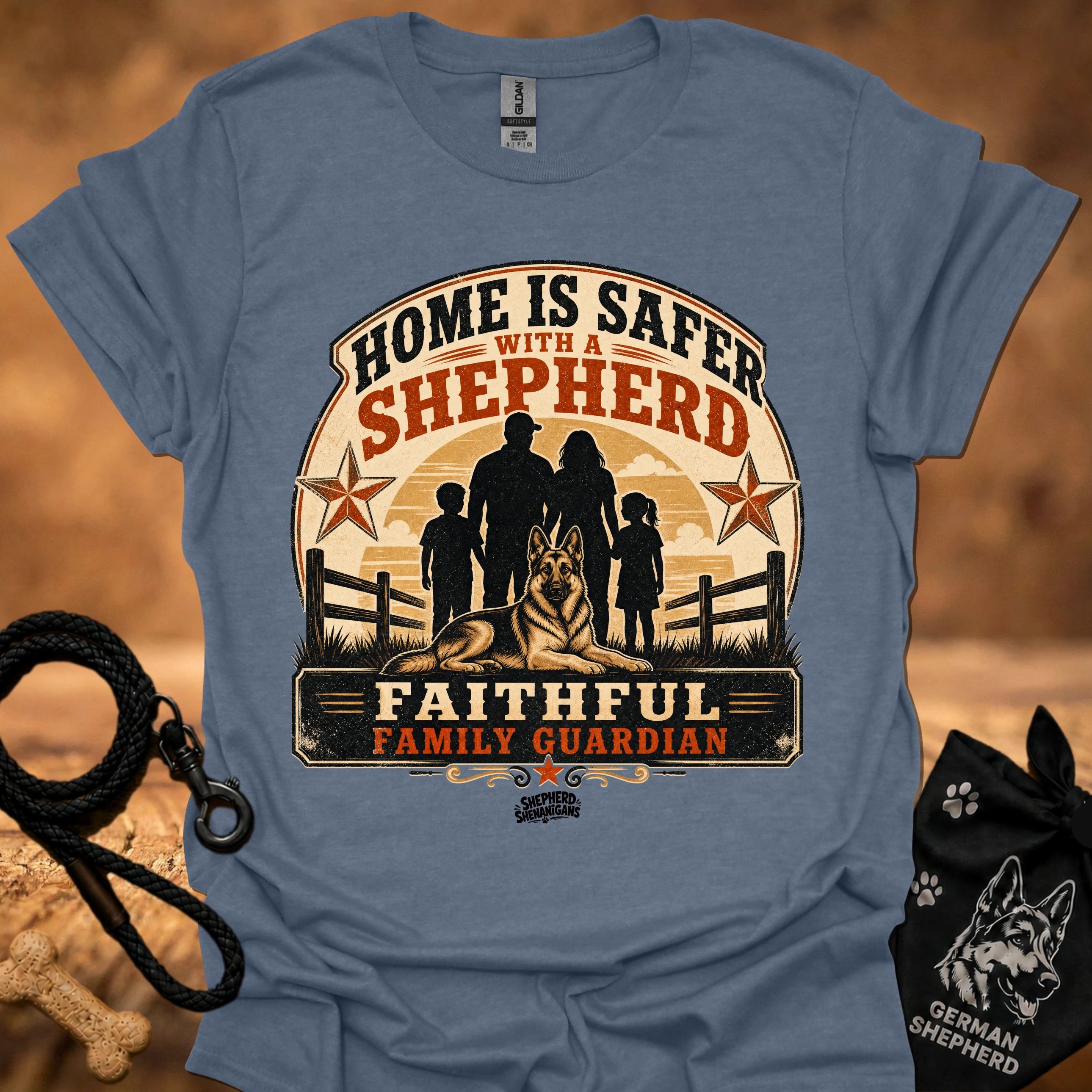 Heather indigo crew-neck T-shirt with "Home is safer with a shepherd" front graphic