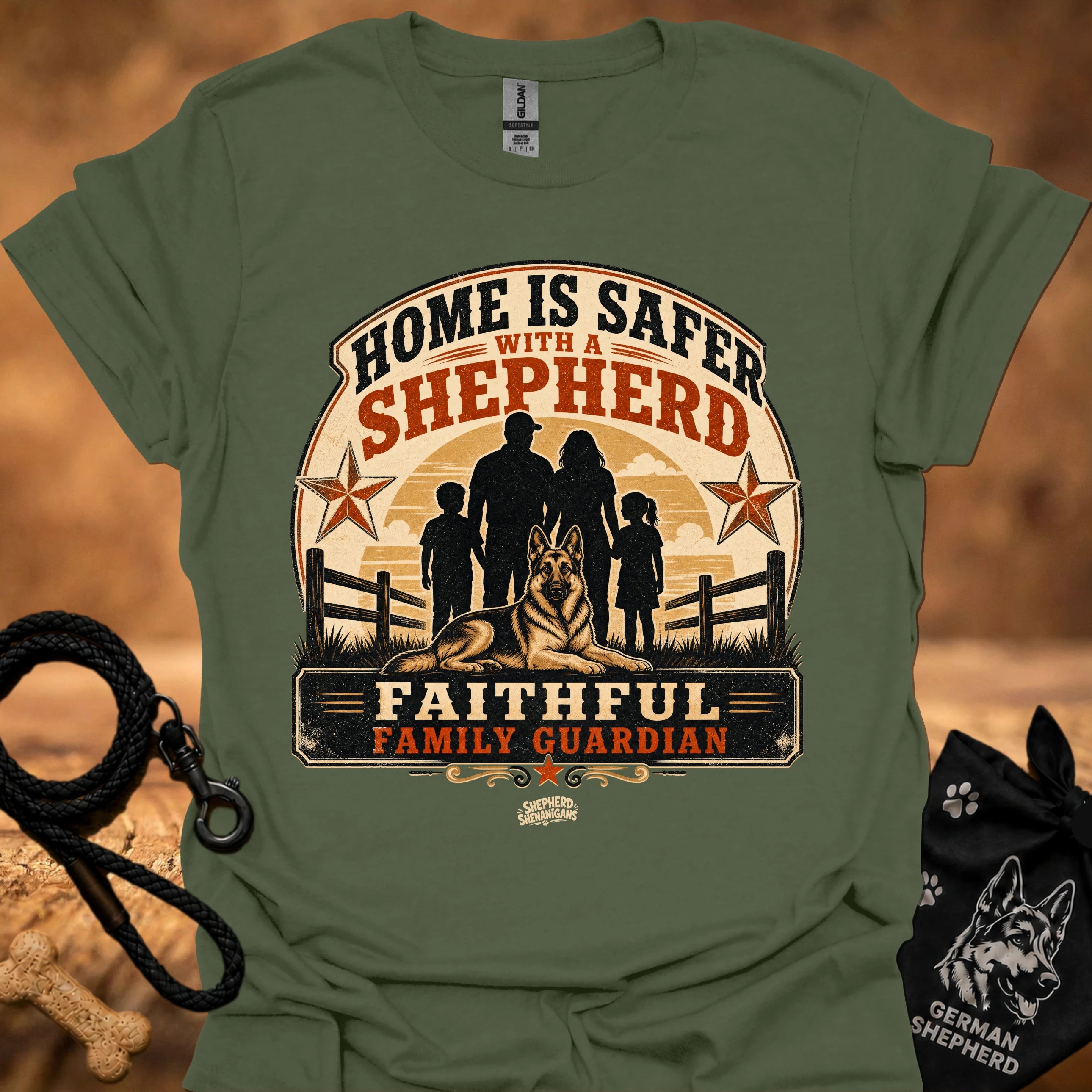 Military green crew-neck T-shirt with "Home is safer with a shepherd" front graphic
