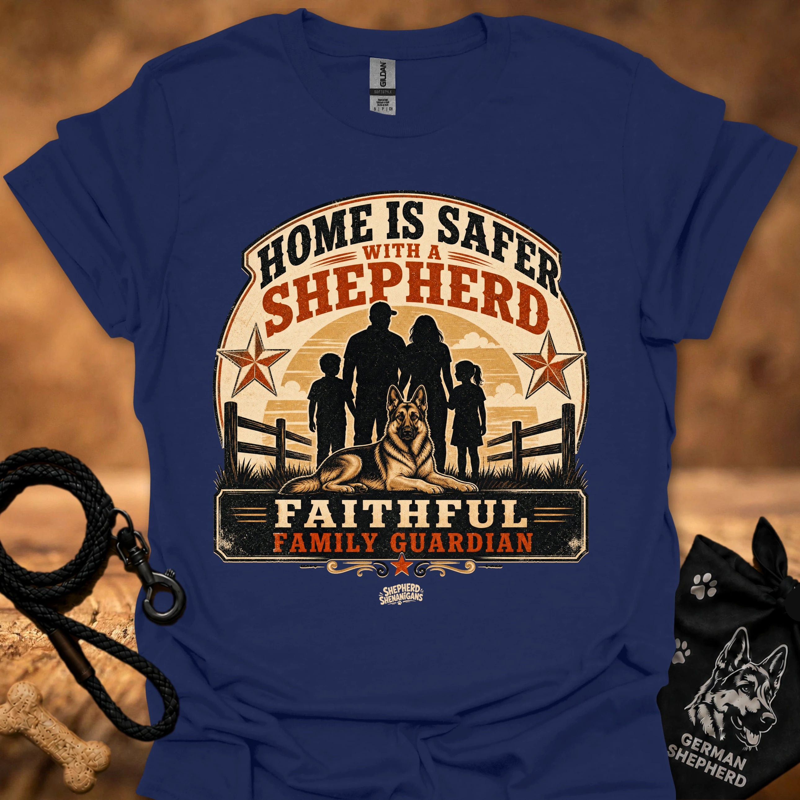 Navy crew-neck T-shirt with "Home is safer with a shepherd" front graphic