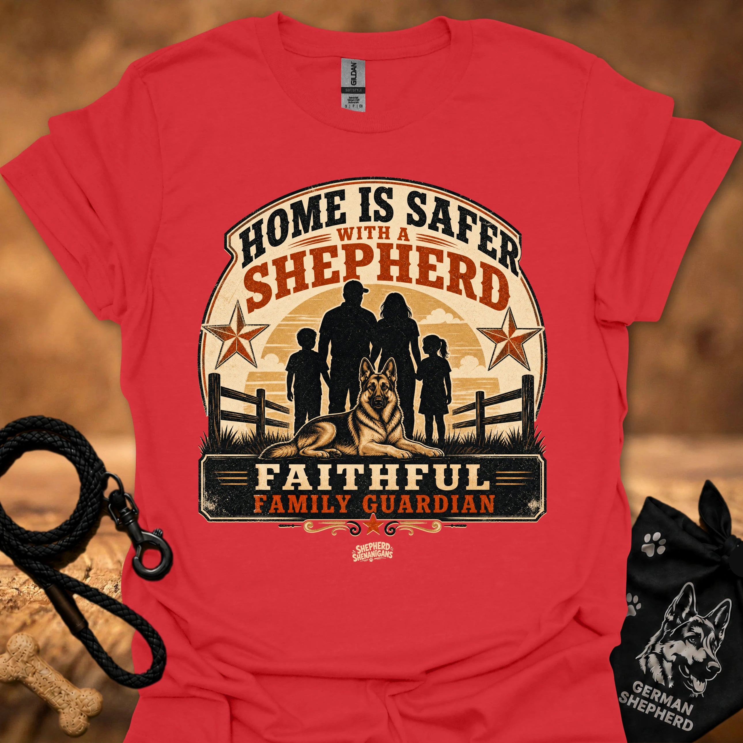 Red crew-neck T-shirt with "Home is safer with a shepherd" front graphic