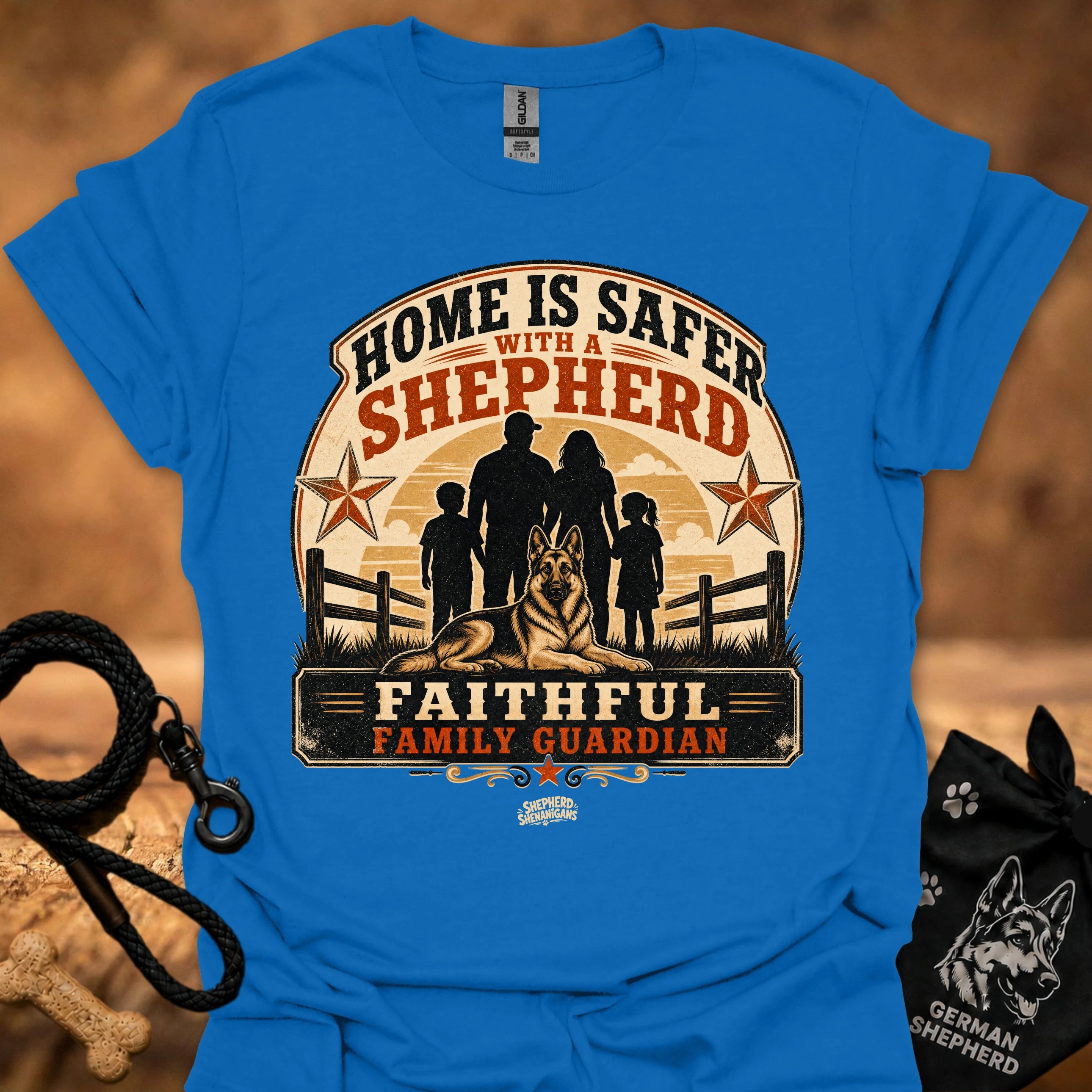 Royal blue crew-neck T-shirt with "Home is safer with a shepherd" front graphic