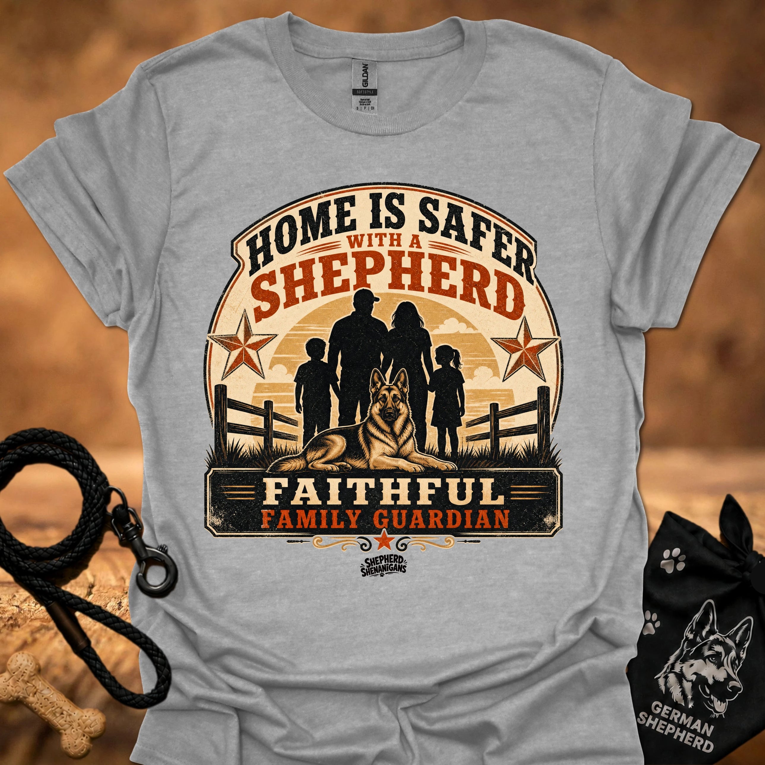 Sport grey crew-neck T-shirt with "Home is safer with a shepherd" front graphic