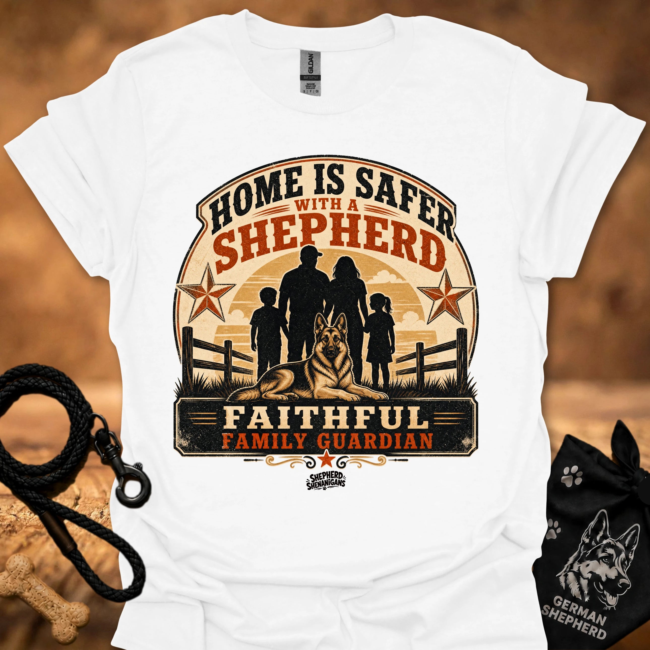 White crew-neck T-shirt with "Home is safer with a shepherd" front graphic