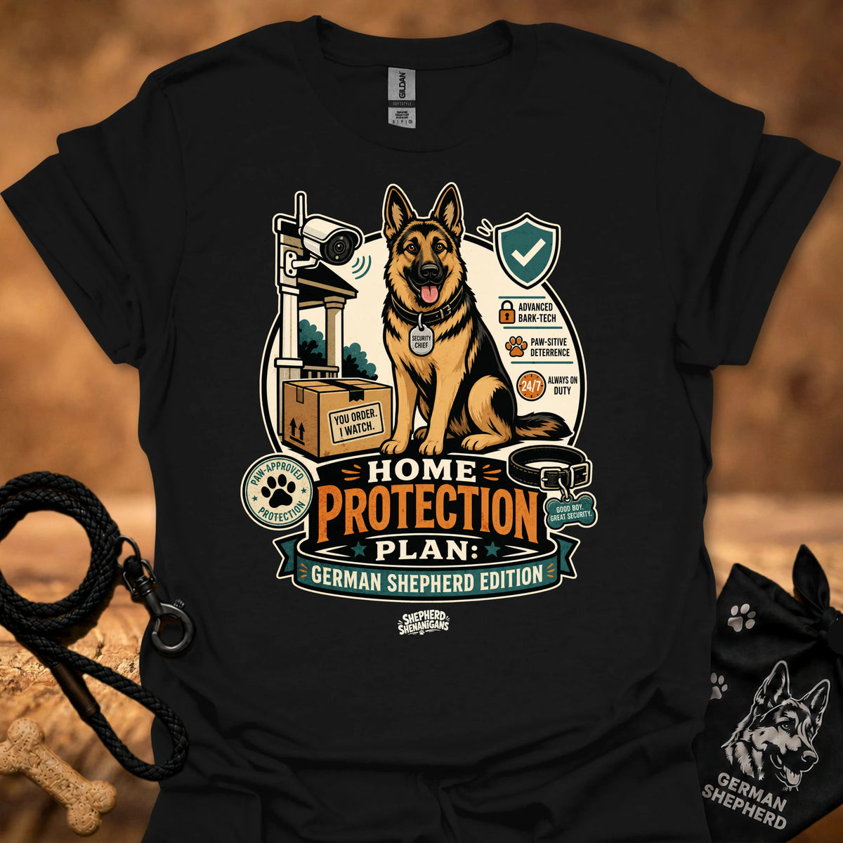 Home Protection Plan T-shirt in black with German shepherd and logo graphic