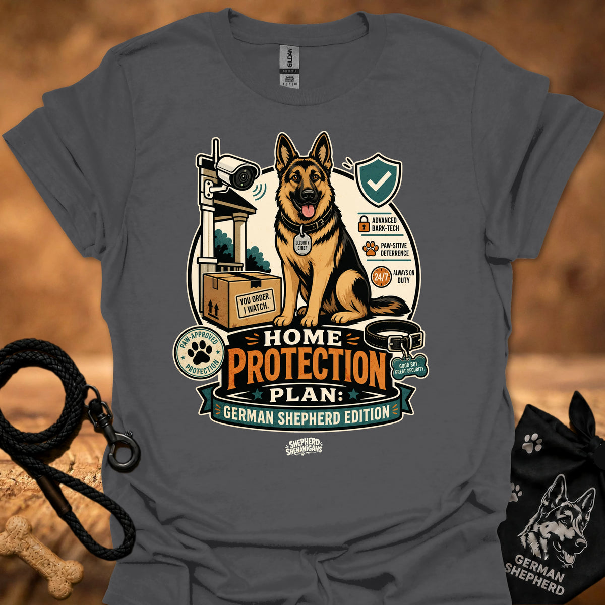 Home Protection Plan T-shirt in dark heather gray with German shepherd and logo graphic
