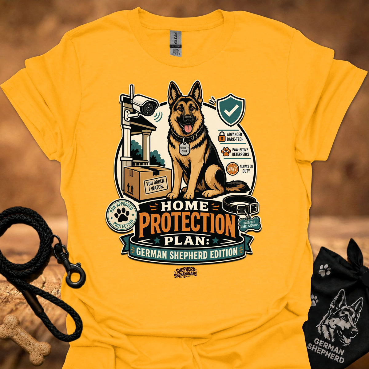 Home Protection Plan T-shirt in mustard yellow with German shepherd and logo graphic