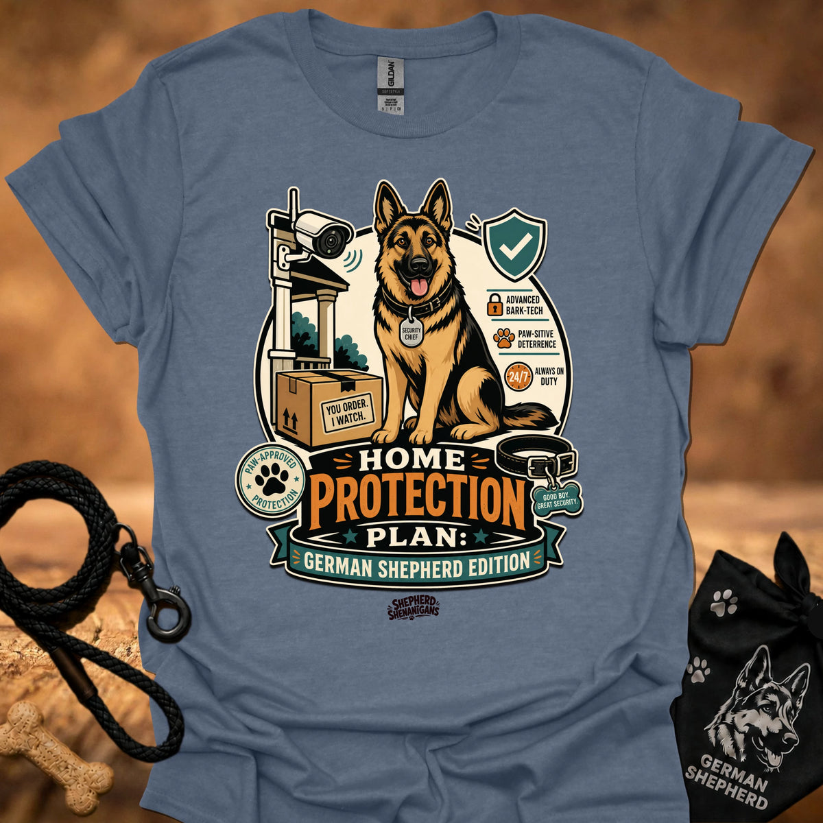 Home Protection Plan T-shirt in slate blue with German shepherd and logo graphic