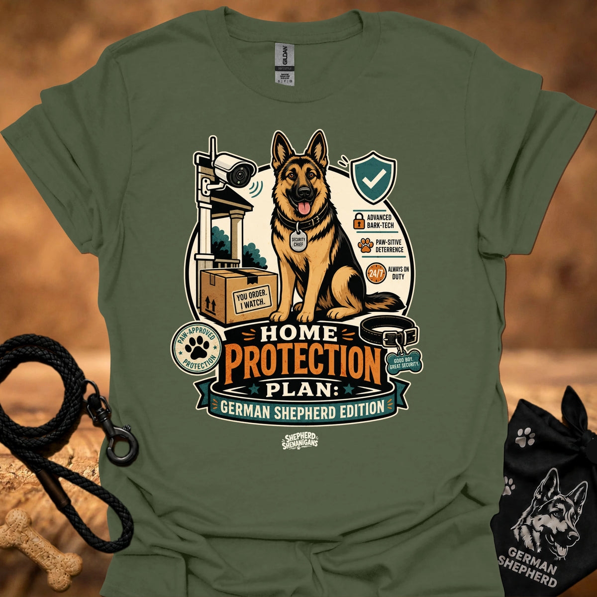 Home Protection Plan T-shirt in green with German shepherd and logo graphic