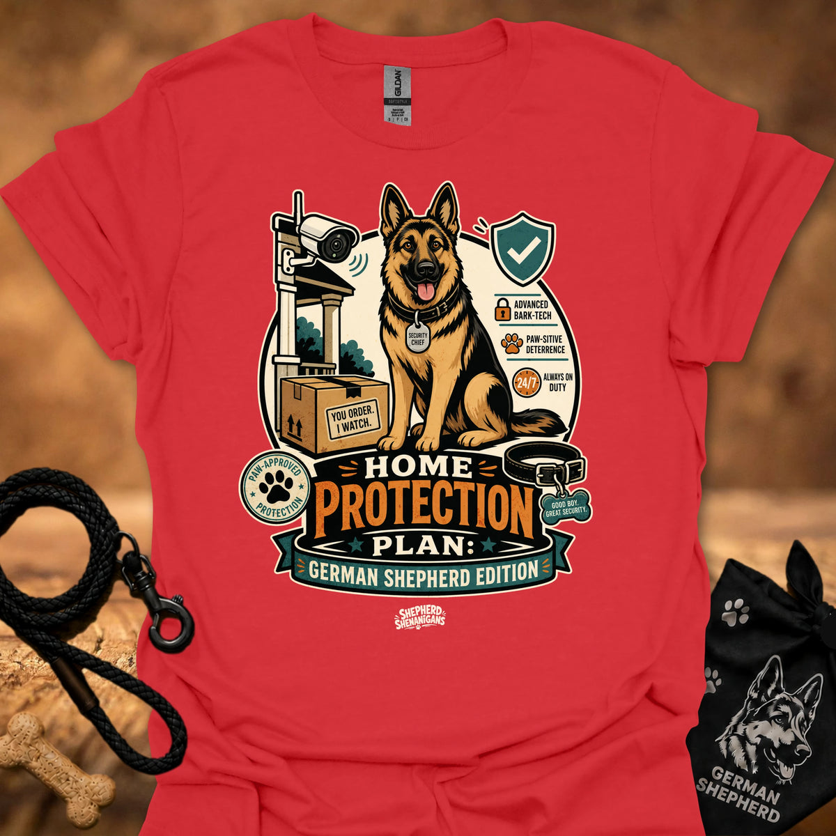 Home Protection Plan T-shirt in red with German shepherd and logo graphic