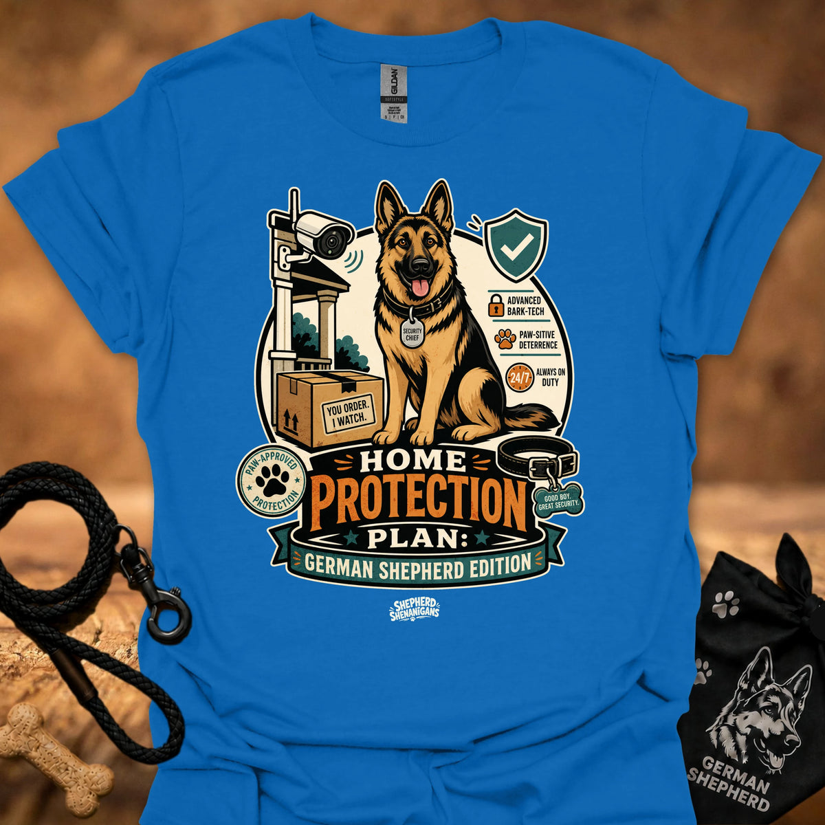 Home Protection Plan T-shirt in bright blue with German shepherd and logo graphic