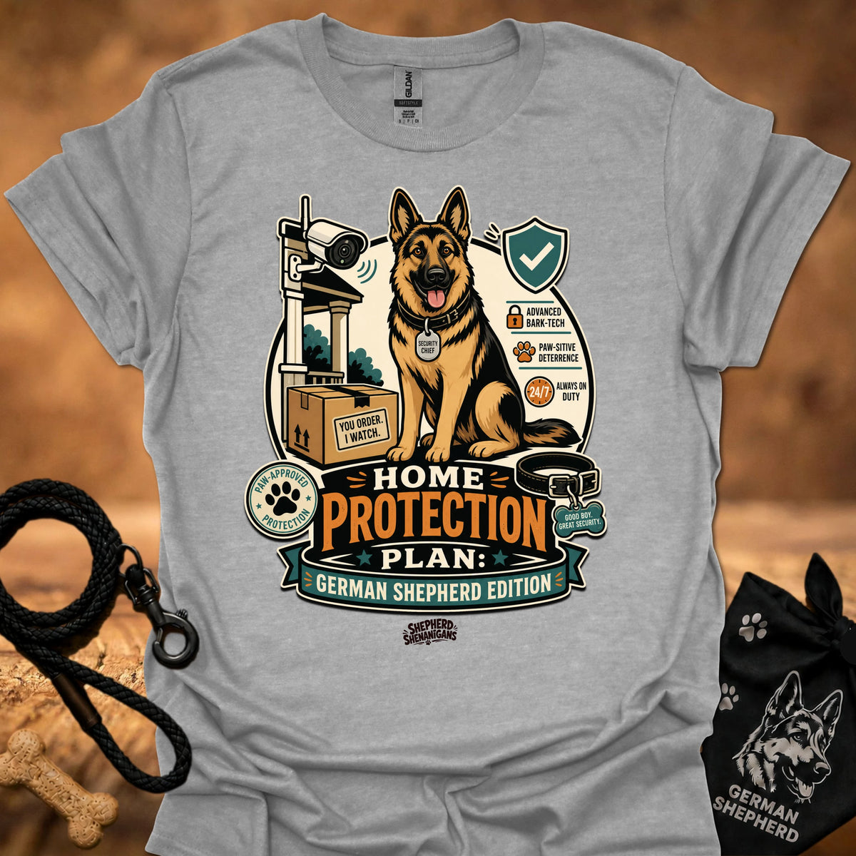 Home Protection Plan T-shirt in light heather gray with German shepherd and logo graphic