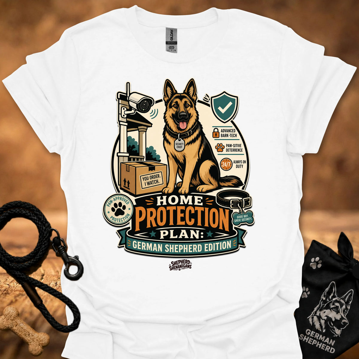 Home Protection Plan T-shirt in white with German shepherd and logo graphic