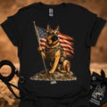 Honor T-shirt, black, German shepherd holding American flag pole graphic