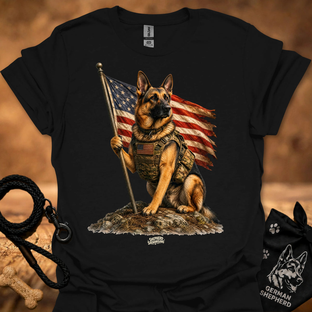 Honor T-shirt, black, German shepherd holding American flag pole graphic