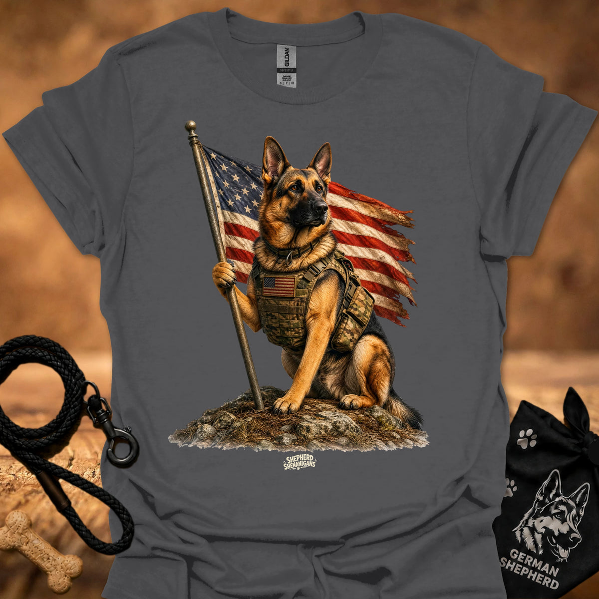 Honor T-shirt, dark gray, German shepherd holding American flag pole graphic