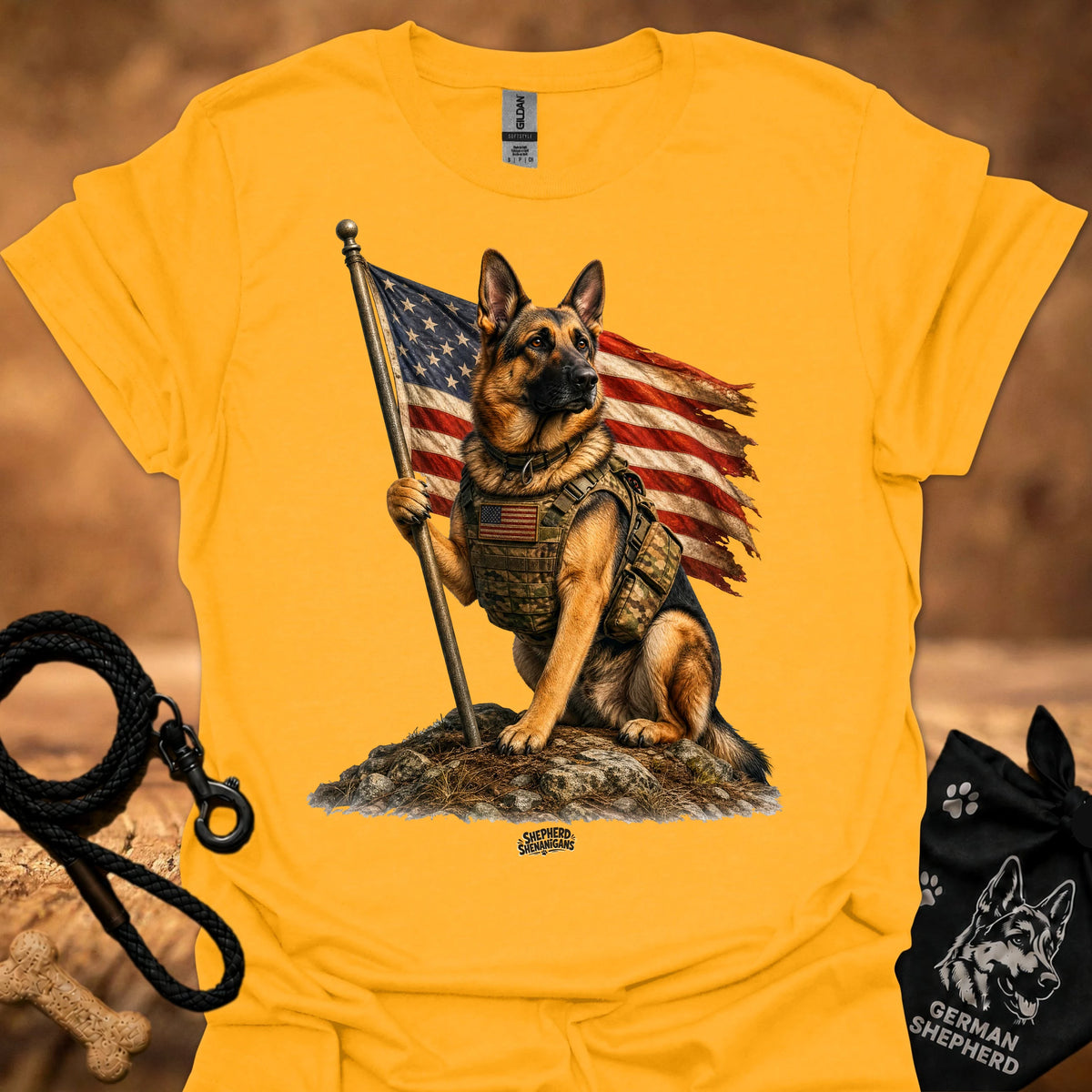 Honor T-shirt, gold, German shepherd holding American flag pole graphic