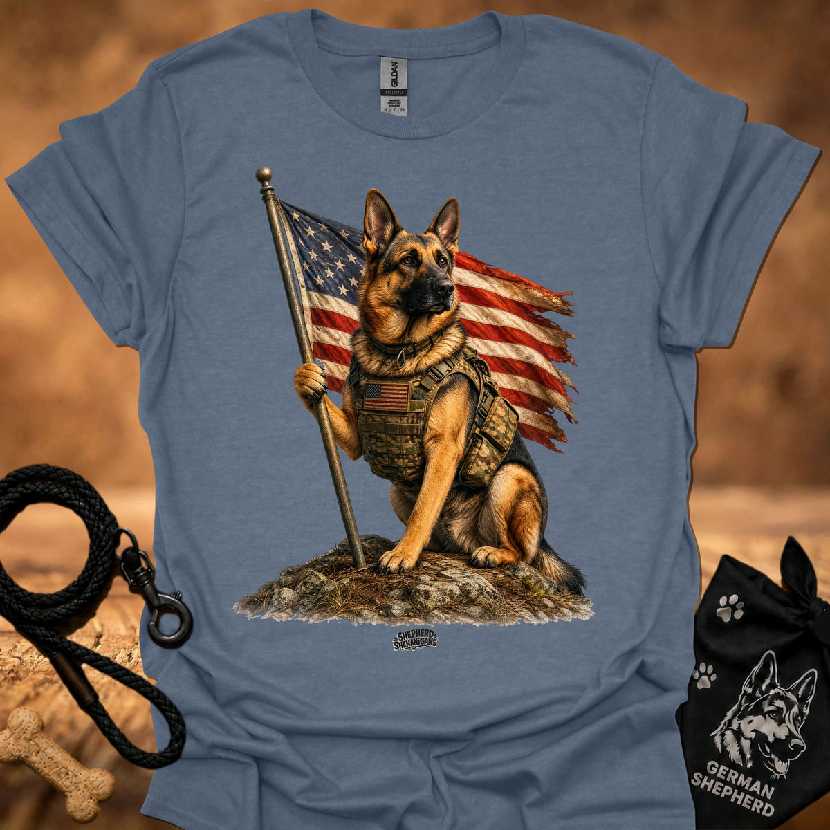 Honor T-shirt, steel blue, German shepherd holding American flag pole graphic
