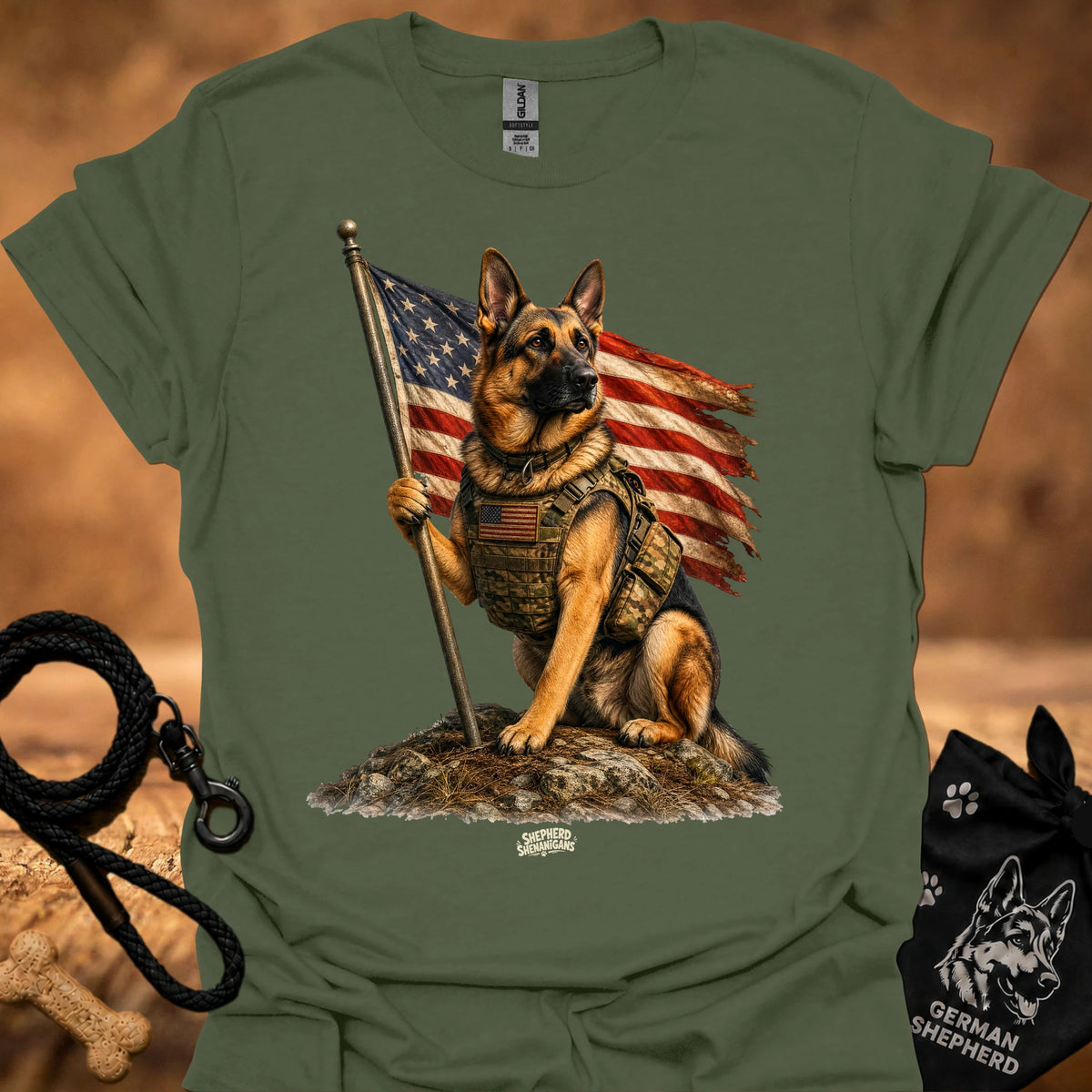 Honor T-shirt, military green, German shepherd holding American flag pole graphic