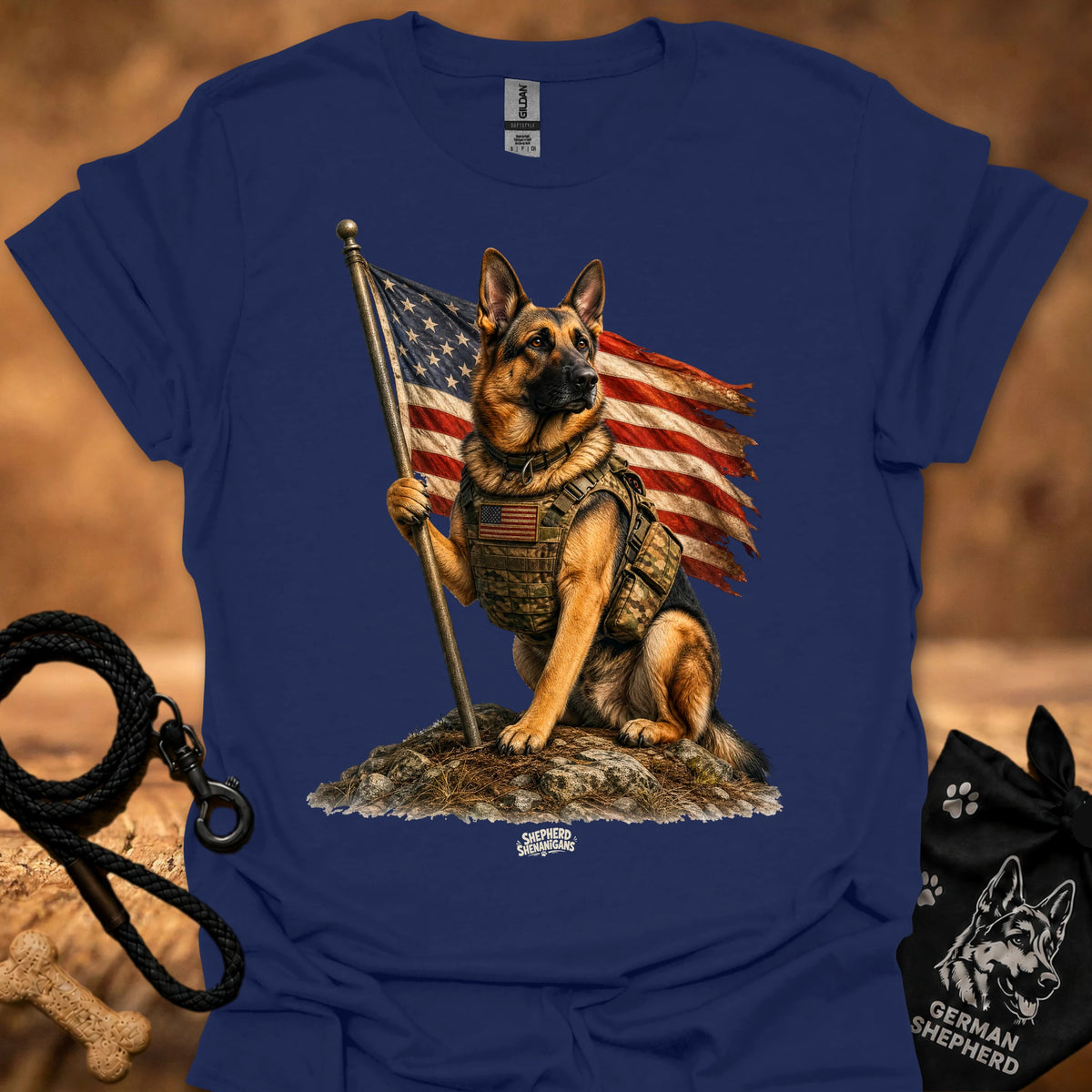 Honor T-shirt, royal blue, German shepherd holding American flag pole graphic