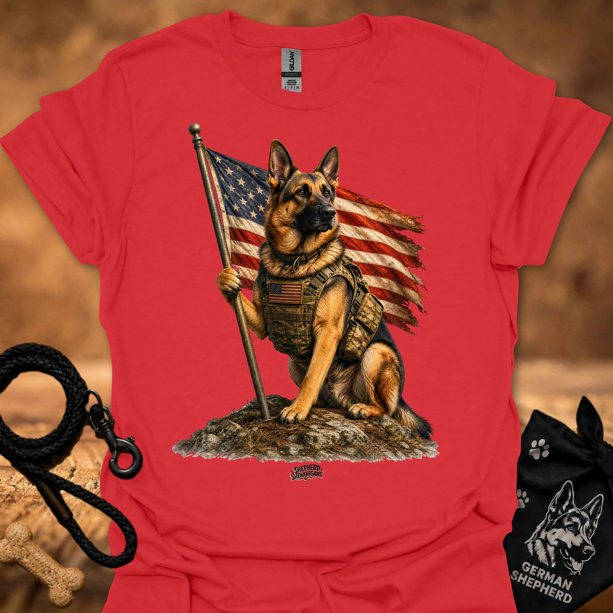 Honor T-shirt, red, German shepherd holding American flag pole graphic