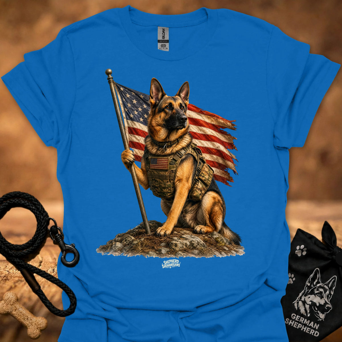 Honor T-shirt, bright blue, German shepherd holding American flag pole graphic