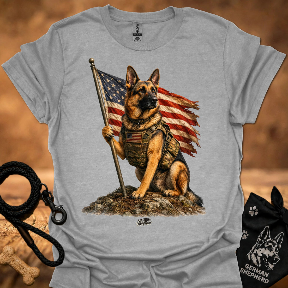 Honor T-shirt, light gray, German shepherd holding American flag pole graphic
