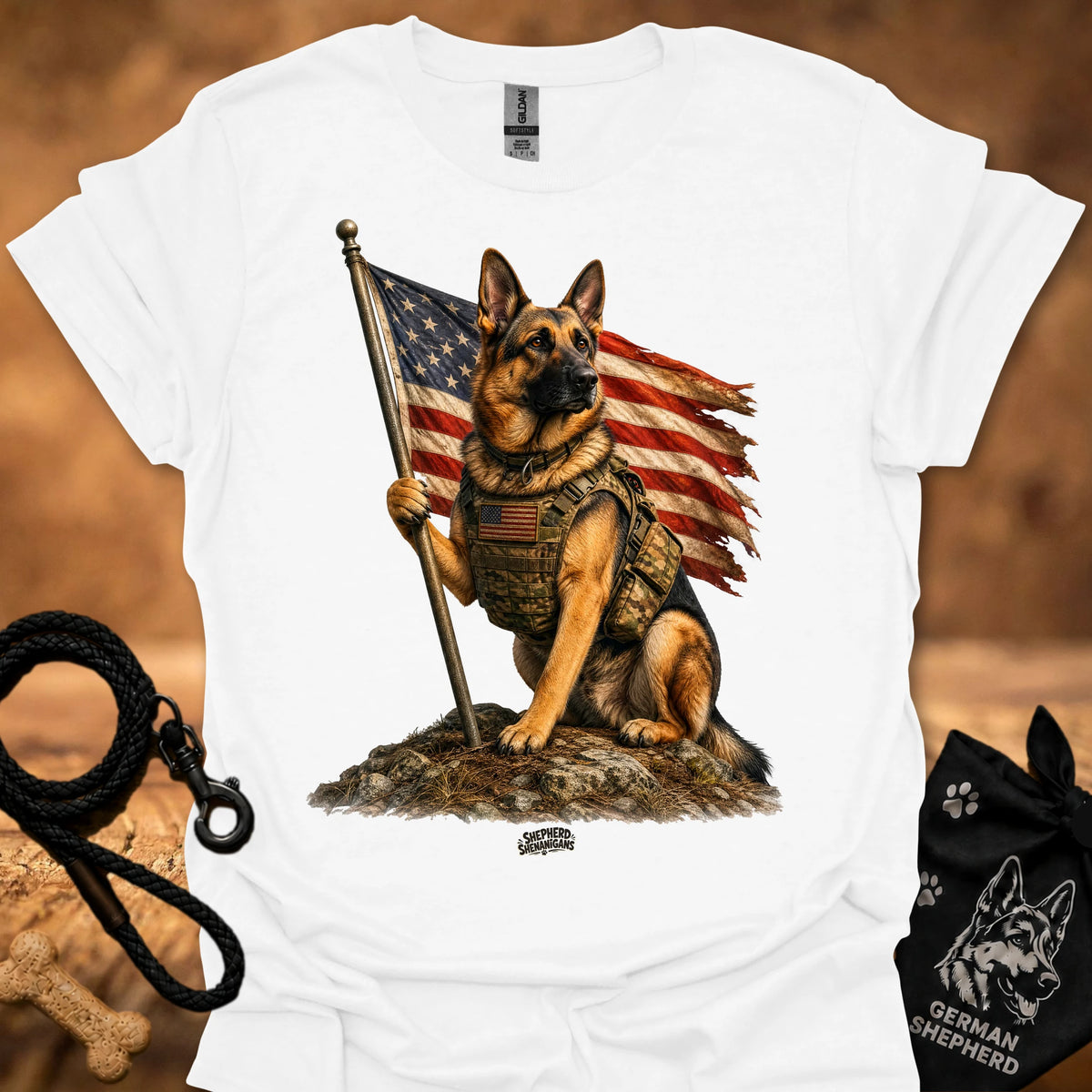Honor T-shirt, white, German shepherd holding American flag pole graphic